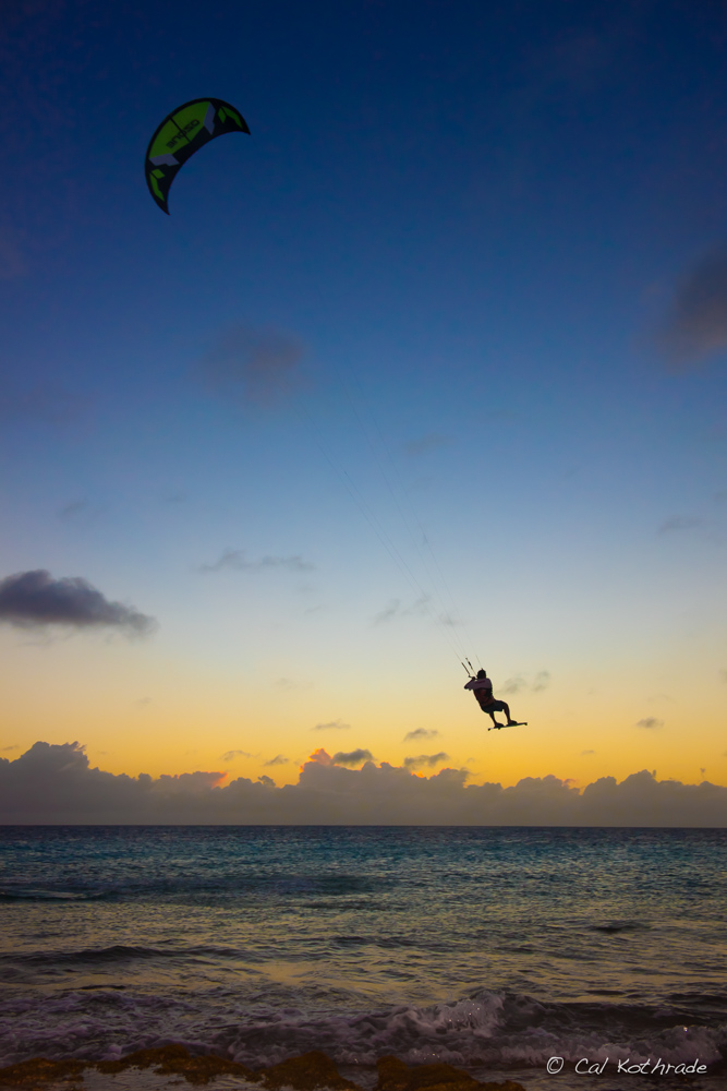 Bonaire kitesurfer at sunset.