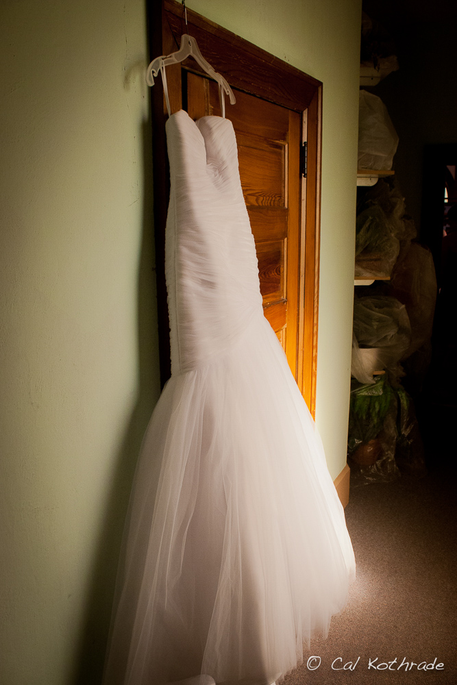 Bride's wedding dress haning on door
